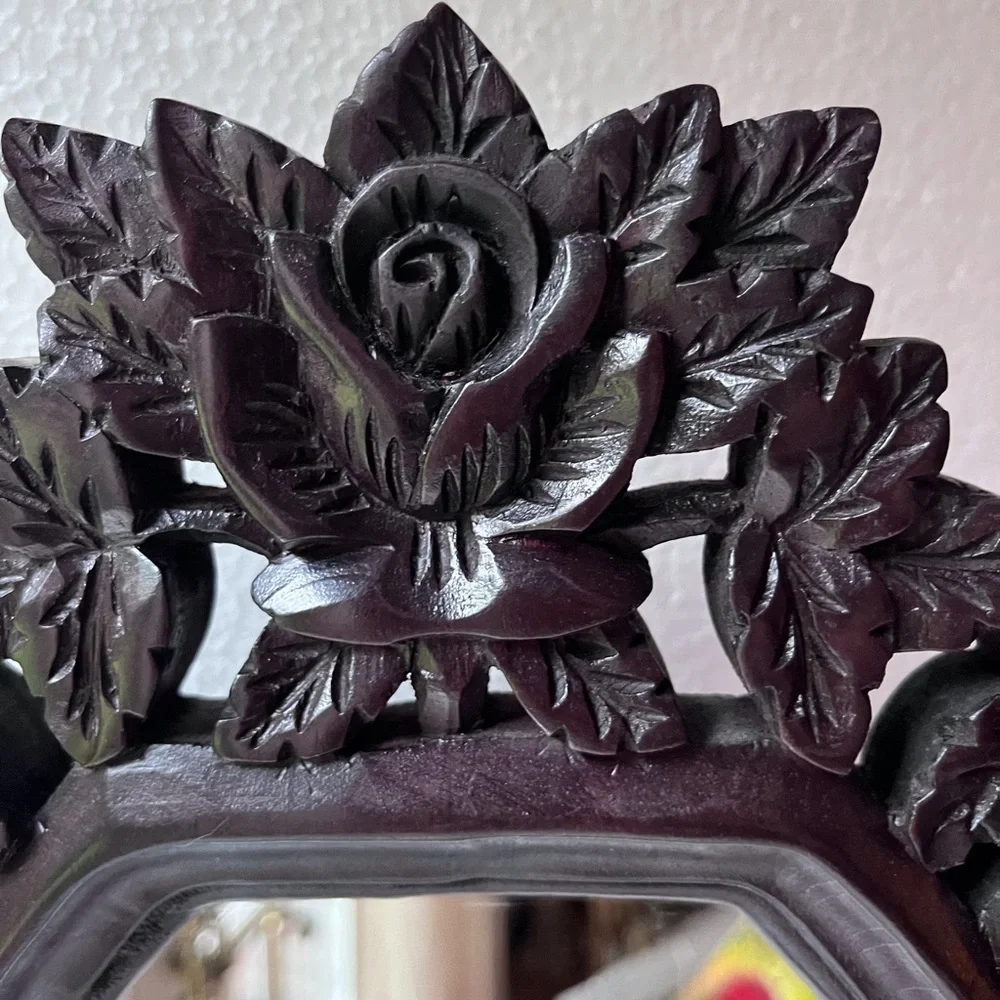 Antique hand carved vanity mirror Floral frame walnut wood frame